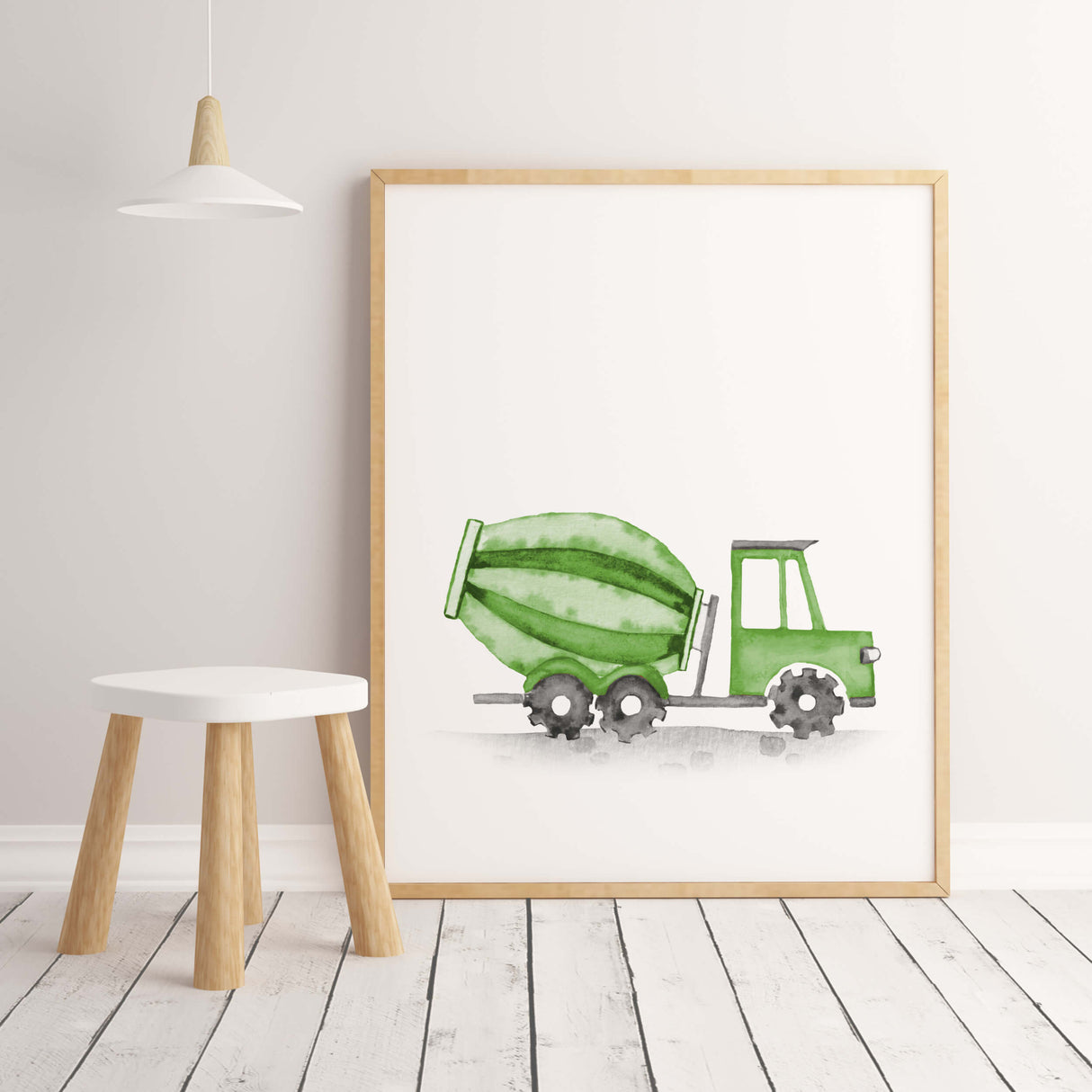 Watercolor colorful construction vehicle printable with cement mixer for baby boys room decor, toddler room decor, nursery decor, vehicles: tractor, cement mixer, crane, digger, dump truck, bulldozer.