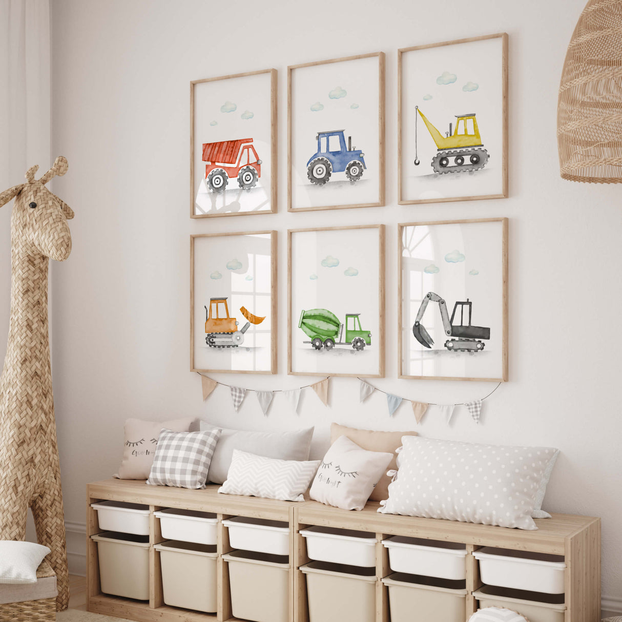 Watercolor colorful construction vehicle printable for toddler room decor, baby boys room decor, nursery room decor.