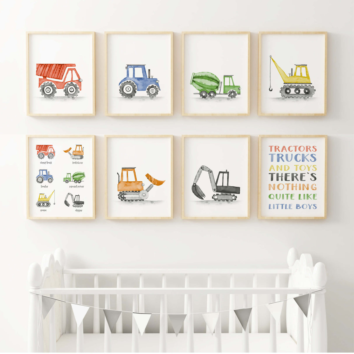 Watercolor colorful construction vehicle poster with excavator for baby boys room decor, toddler room decor, nursery decor, vehicles: tractor, cement mixer, crane, digger, dump truck, bulldozer.