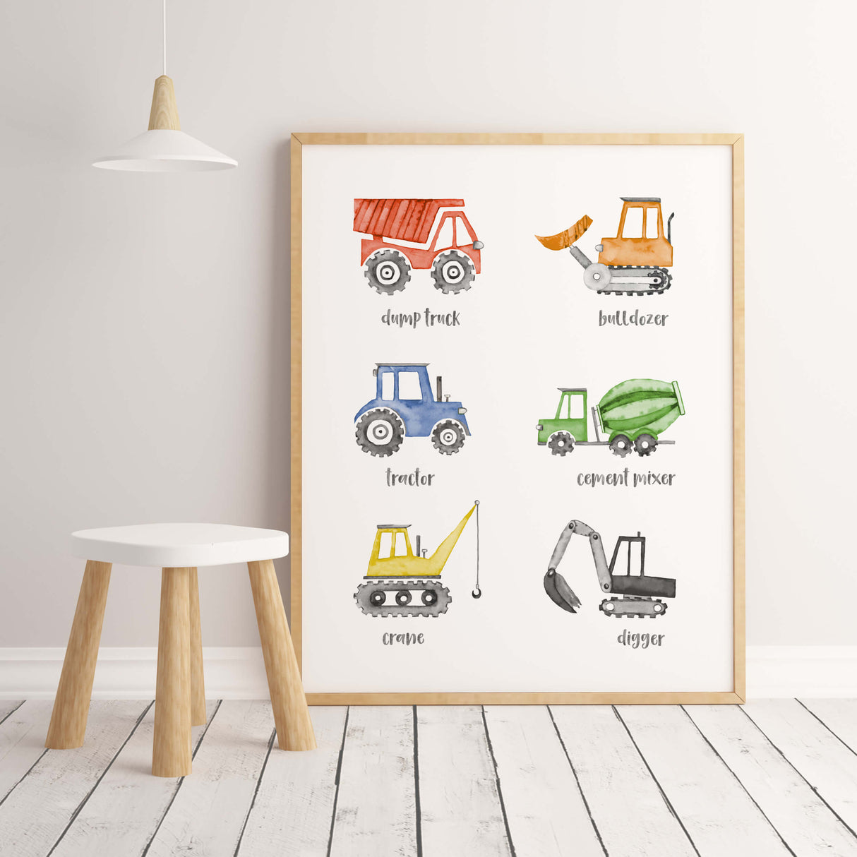 Watercolor colorful construction vehicle printable for baby boys room decor, toddler room decor, nursery decor, vehicles: tractor, cement mixer, crane, digger, dump truck, bulldozer.