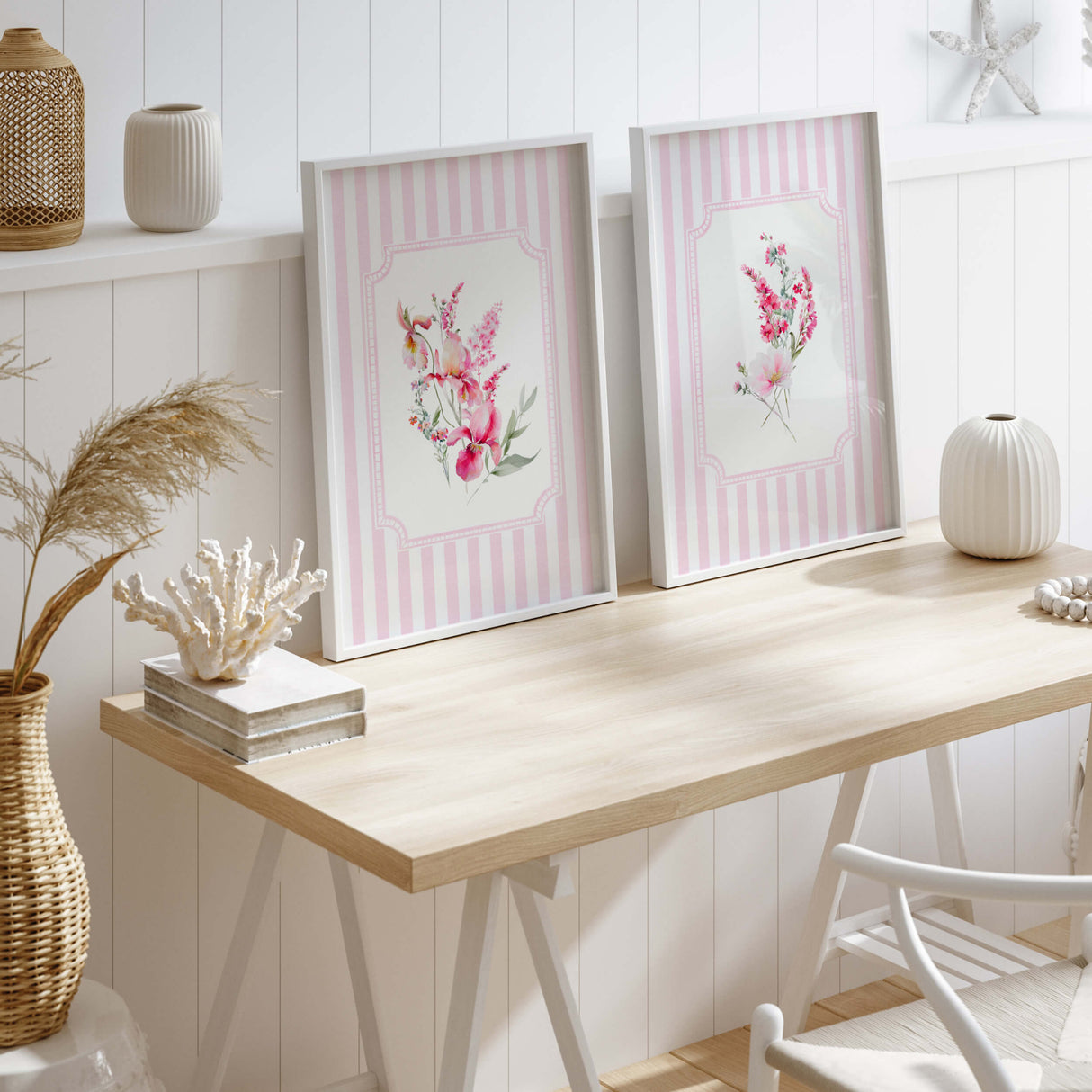 Watercolor pink floral wall art set with striped pastel background for feminine interior