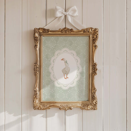 Goose art print for baby room featuring flying goose illustration in soft colors