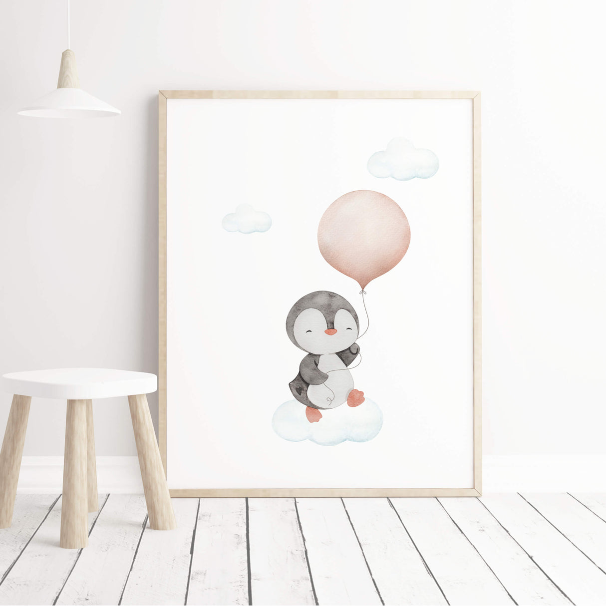 Watercolor penguin with pink balloon print for baby girls room decor, animals: penguin, bunny, elephant