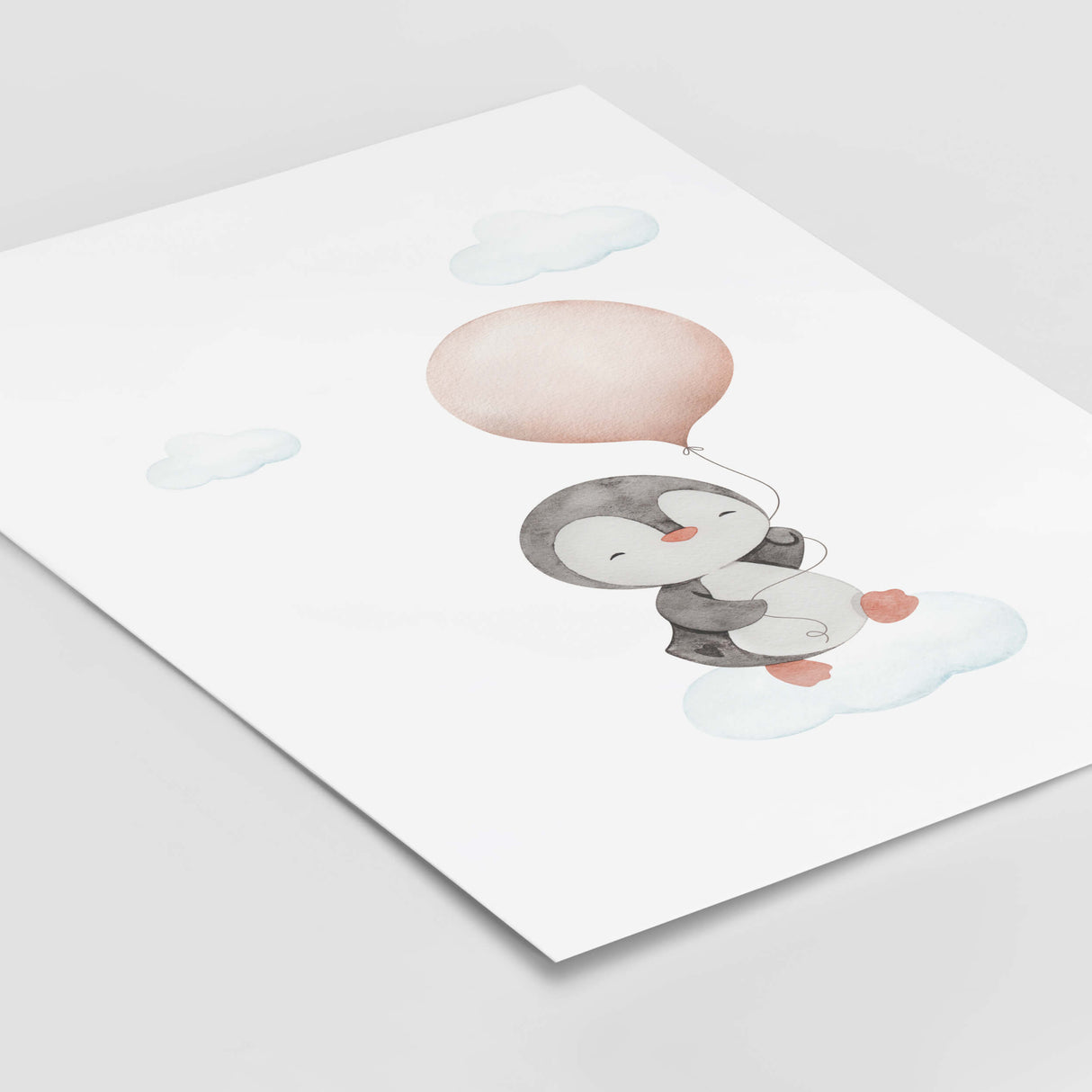 Watercolor penguin with pink balloon print for baby girls room decor, animals: penguin, bunny, elephant