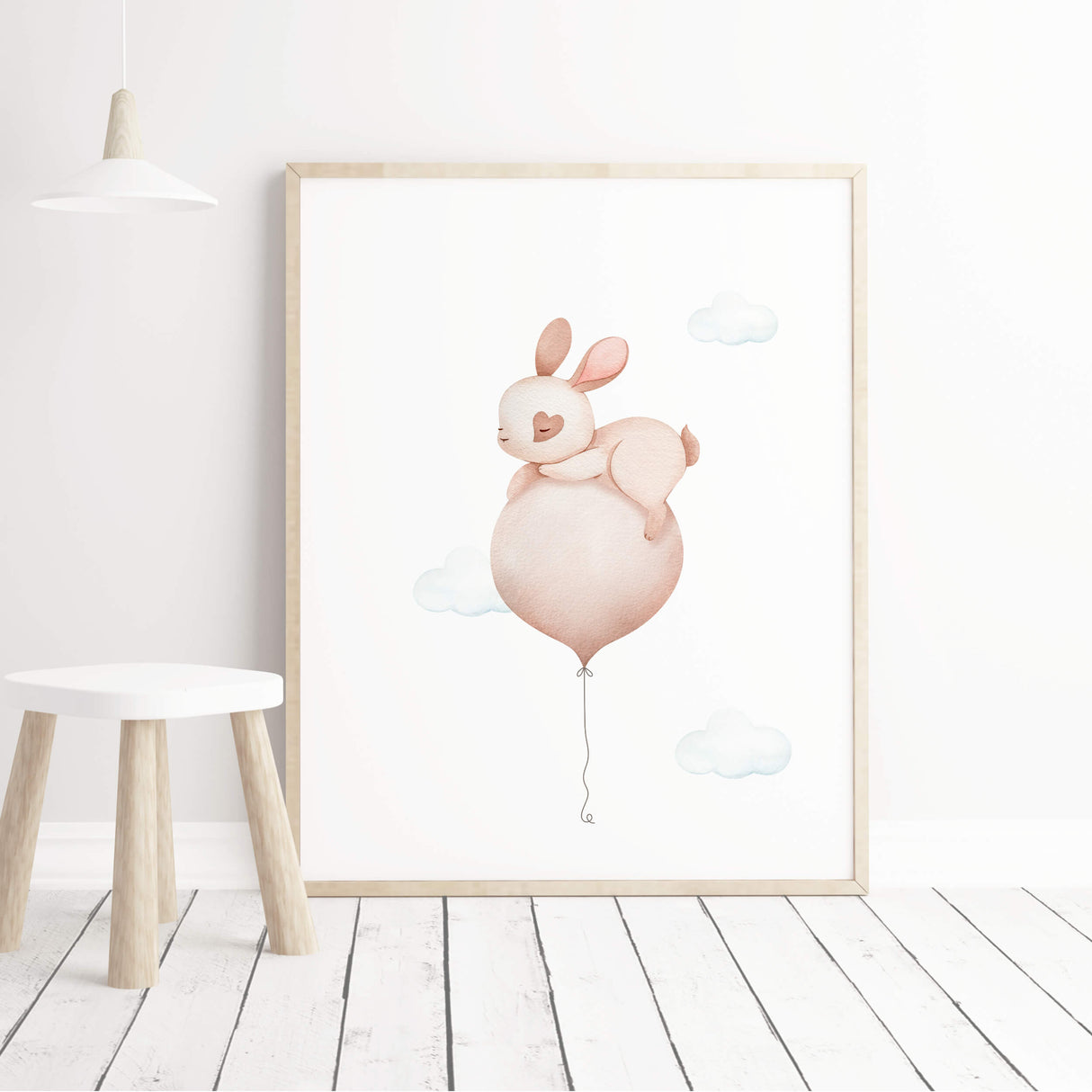 Watercolor bunny with pink balloon print for baby girls room decor, animals: penguin, bunny, elephant