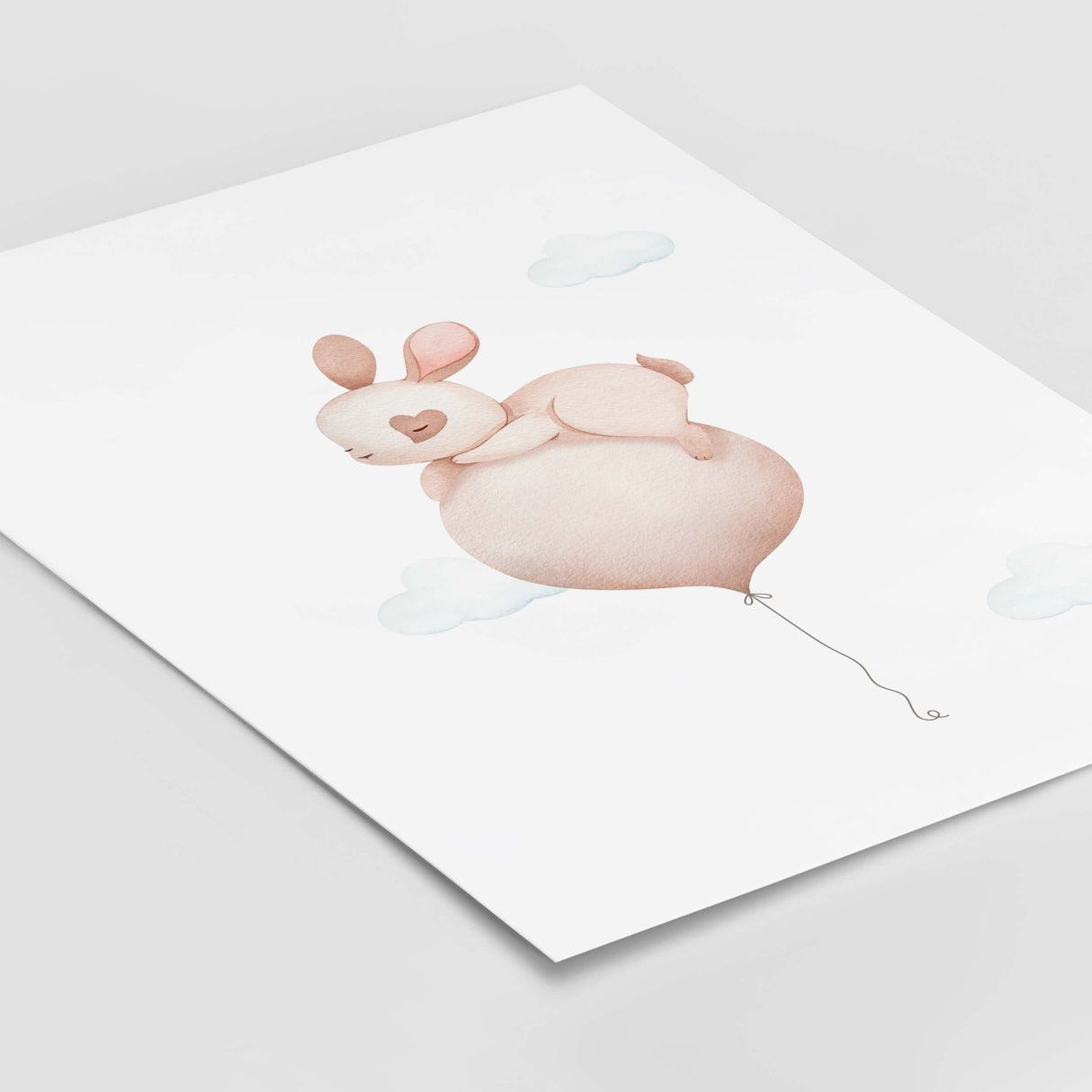 Watercolor bunny with pink balloon print for baby girls room decor, animals: penguin, bunny, elephant