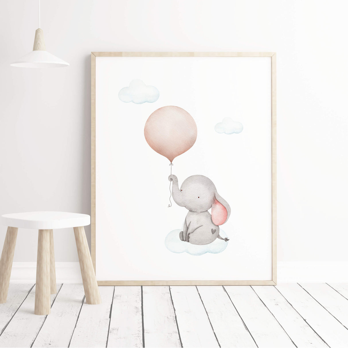 Watercolor elephant with pink balloon print for baby girls room decor, animals: penguin, bunny, elephant