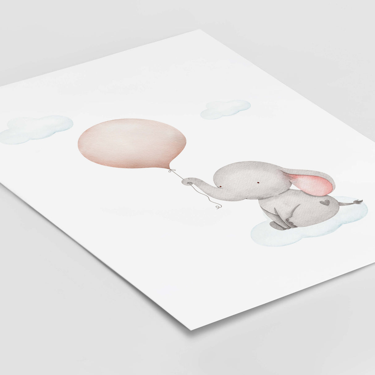 Watercolor elephant with pink balloon printable for baby girls room decor, animals: penguin, bunny, elephant