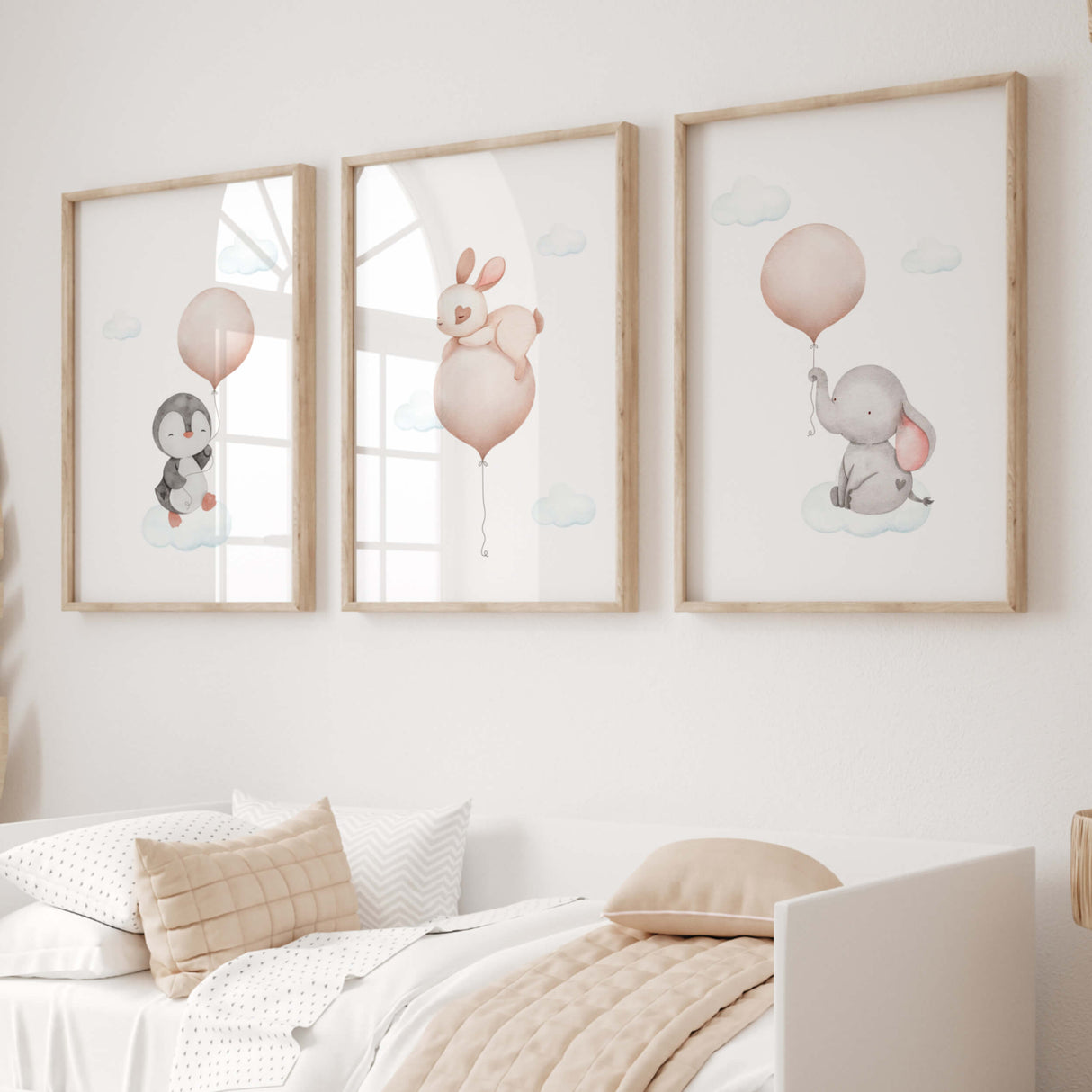 Watercolor animals with pink balloon print for baby girls room decor, animals: penguin, bunny, elephant