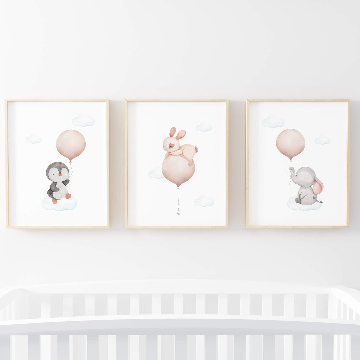 Watercolor animals with pink balloon poster for baby girls room decor, animals: penguin, bunny, elephant