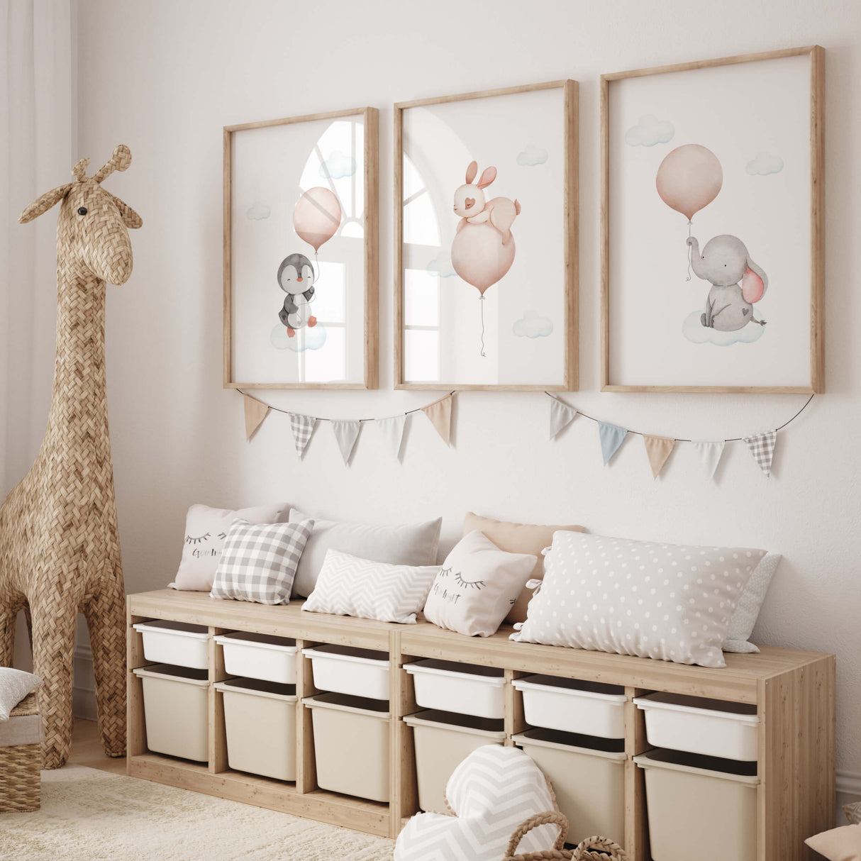 Watercolor bunny with pink balloon print for baby girls room decor, animals: penguin, bunny, elephant