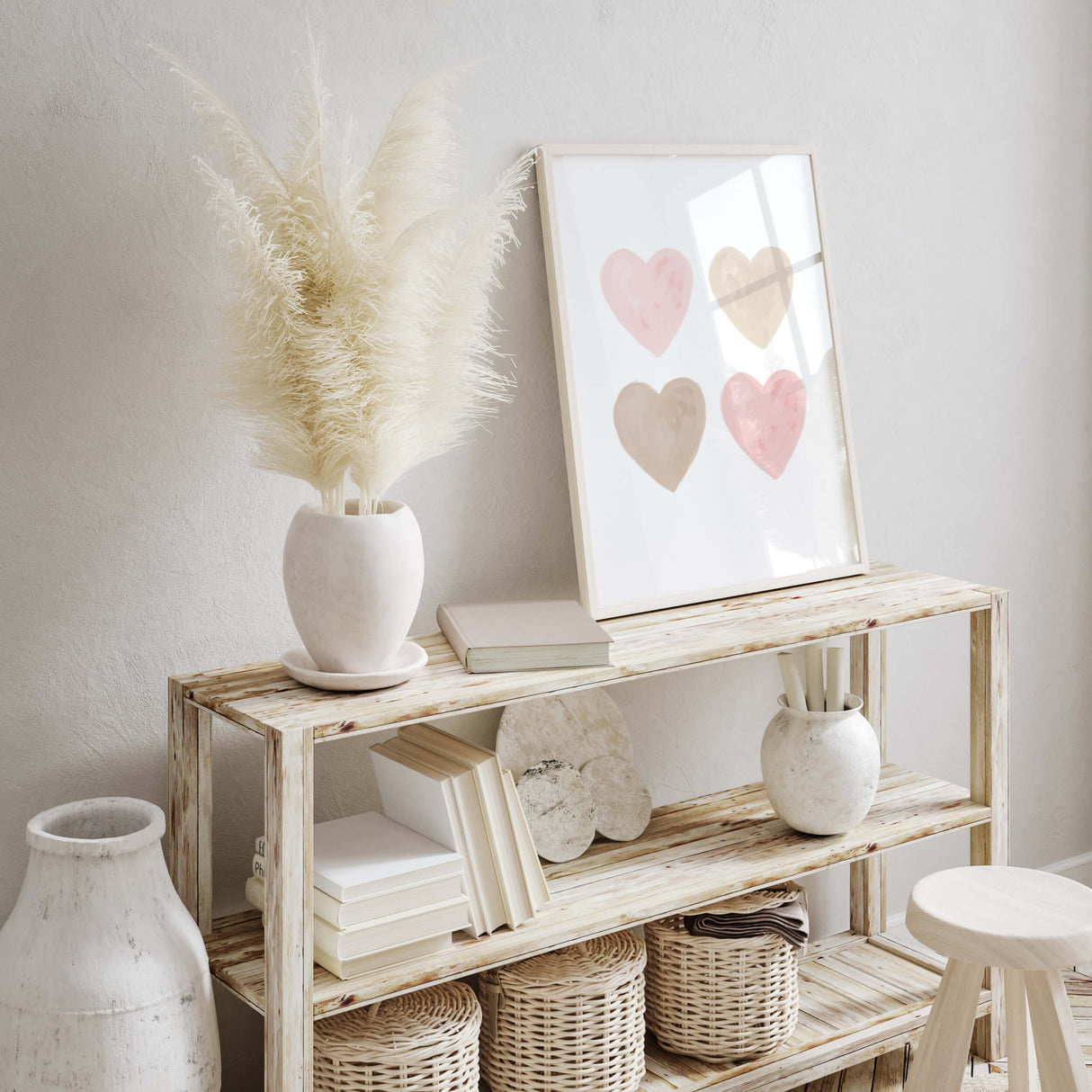 Watercolor hearts poster with beige, brown and pink heart for valentine's day decor, girls room decor. love home decor, romantic home decor, beige, brown, pink nursery decor, boho home decor.