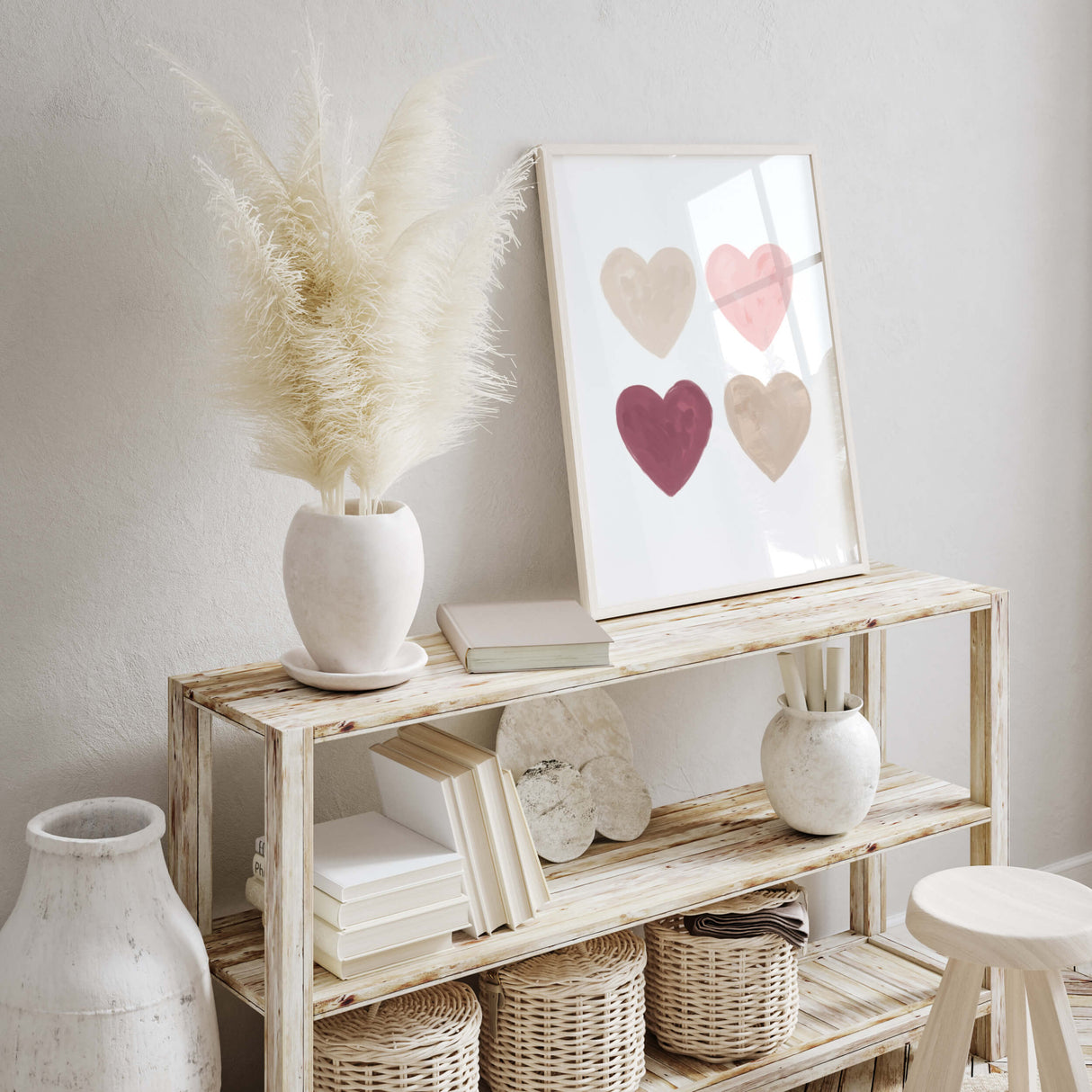 Watercolor hearts print with pink, beige, brown and burgundy heart for valentine's day decor, girls room decor. love home decor, romantic home decor, beige, brown, pink nursery decor, boho home decor.