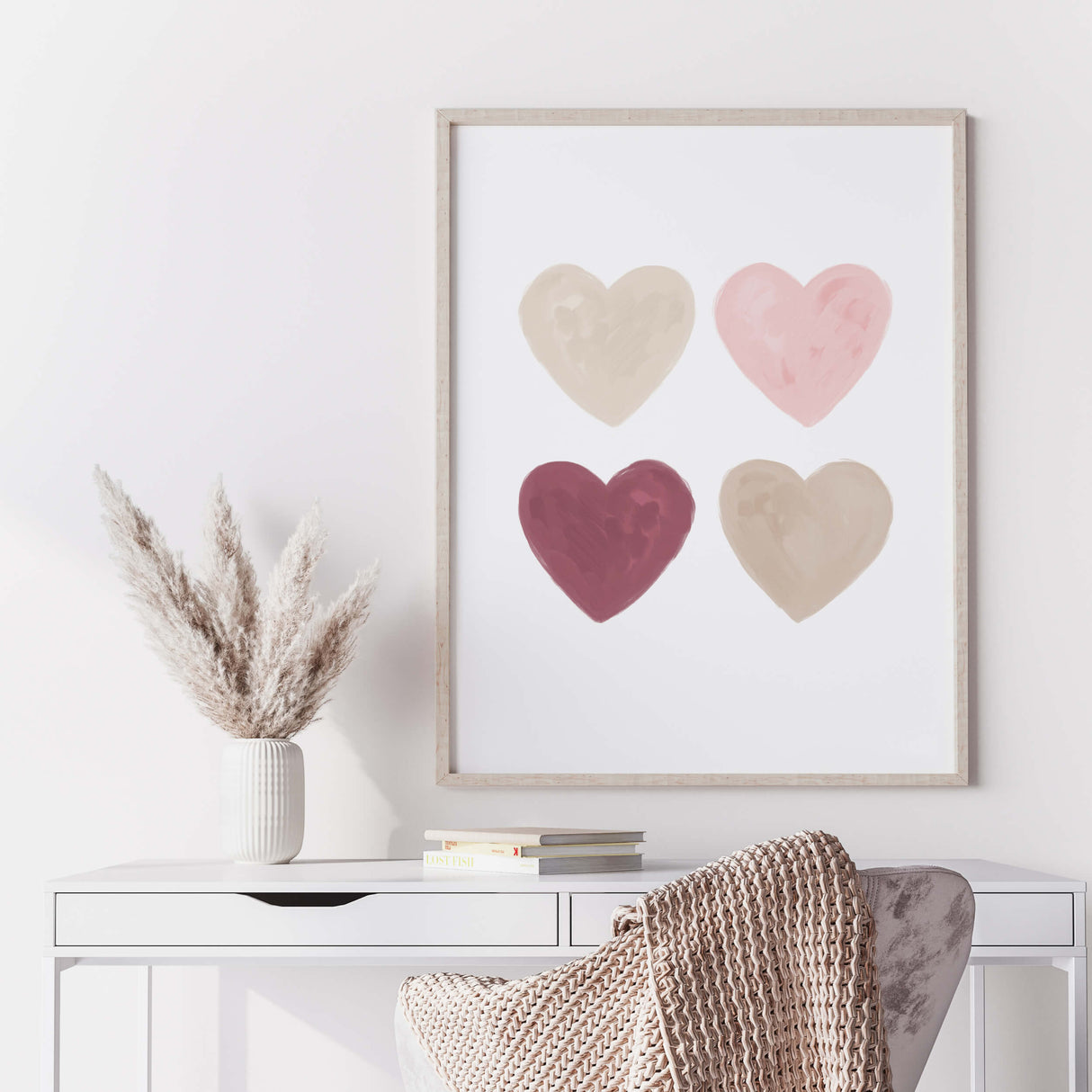 Watercolor hearts printable with pink, beige, brown and burgundy heart for valentine's day decor, girls room decor. love home decor, romantic home decor, beige, brown, pink nursery decor, boho home decor.