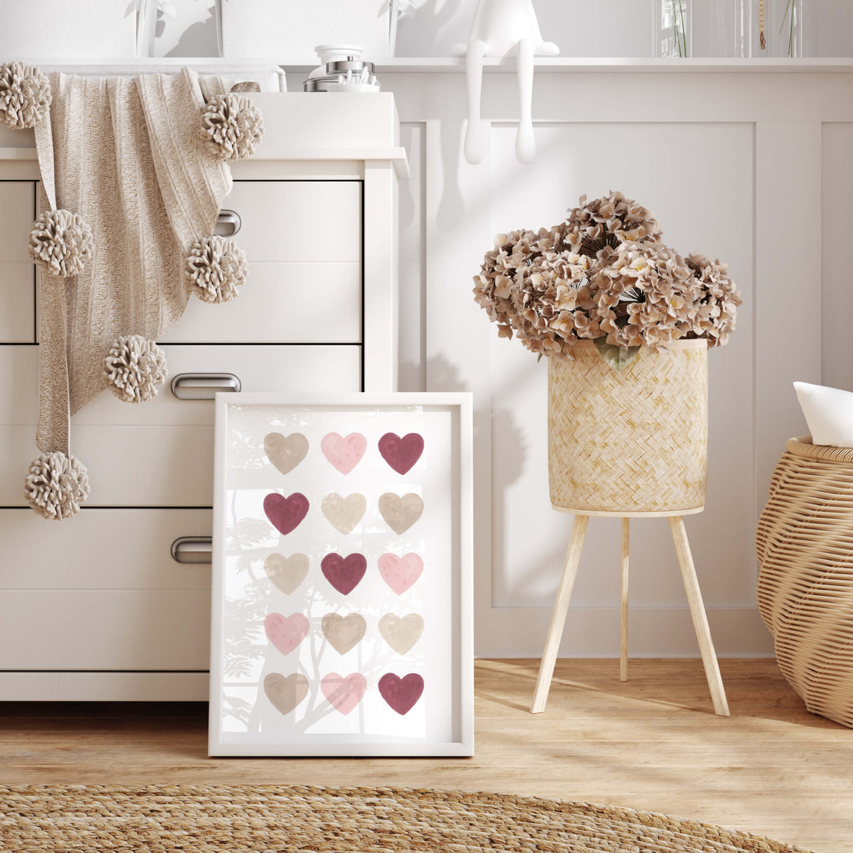 Watercolor hearts printable with pink, beige, brown and burgundy heart for valentine's day decor, girls room decor. love home decor, romantic home decor, beige, brown, pink nursery decor, boho home decor.