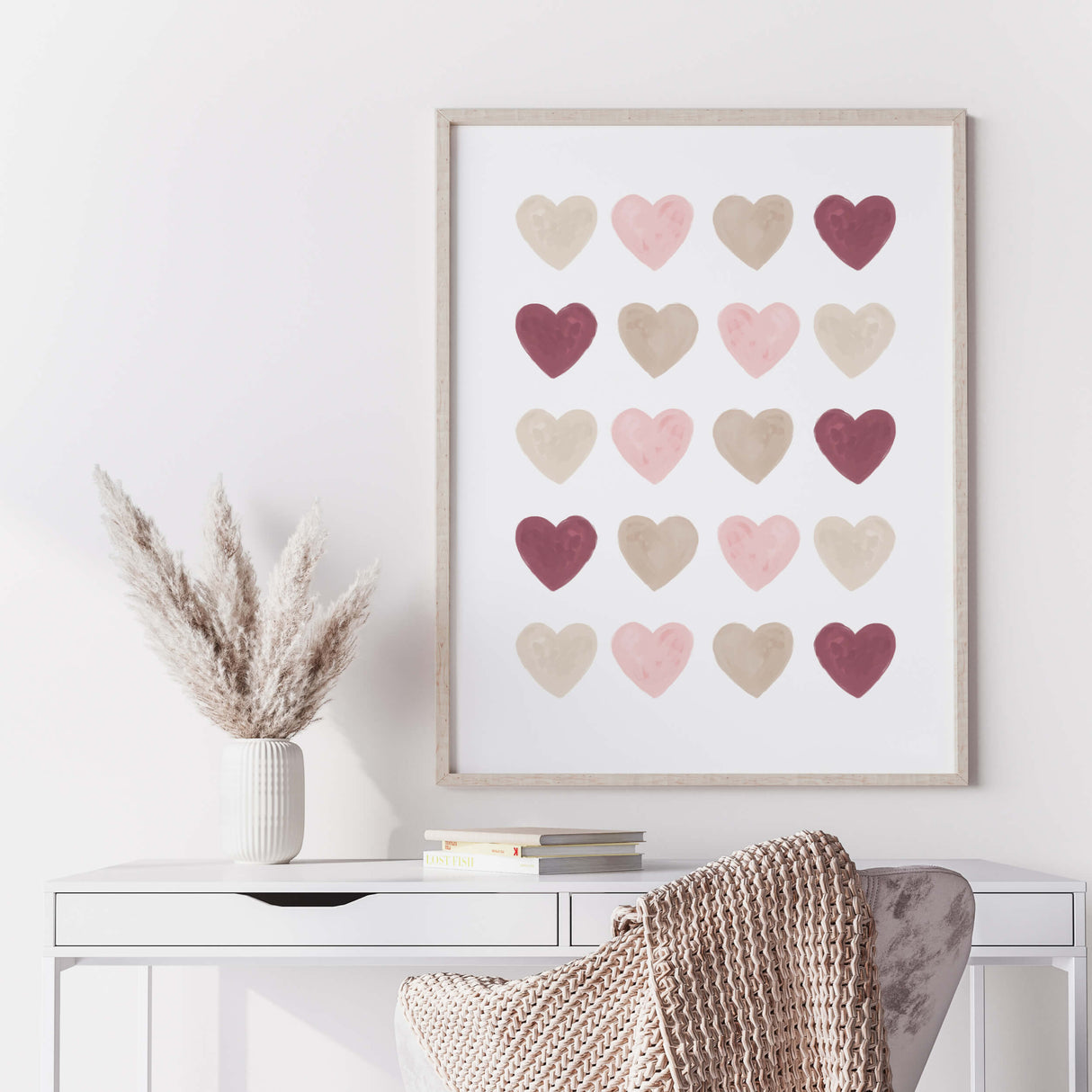 Watercolor hearts print with pink, beige, brown and burgundy heart for valentine's day decor, girls room decor. love home decor, romantic home decor, beige, brown, pink nursery decor, boho home decor.