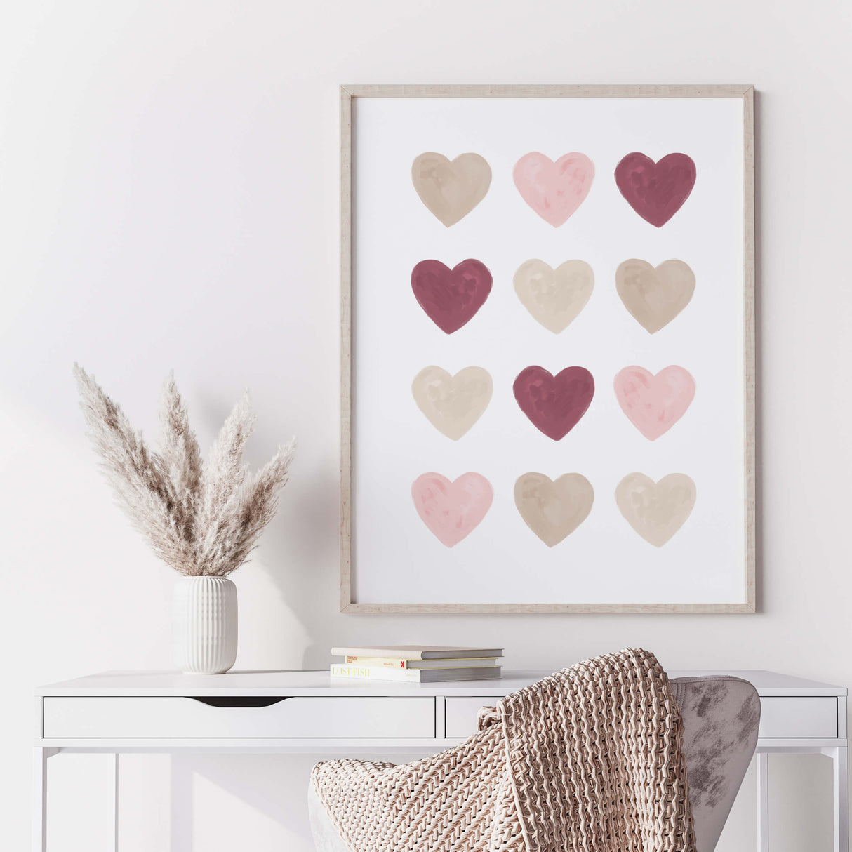 Watercolor hearts poster with pink, beige, brown and burgundy heart for valentine's day decor, girls room decor. love home decor, romantic home decor, beige, brown, pink nursery decor, boho home decor.
