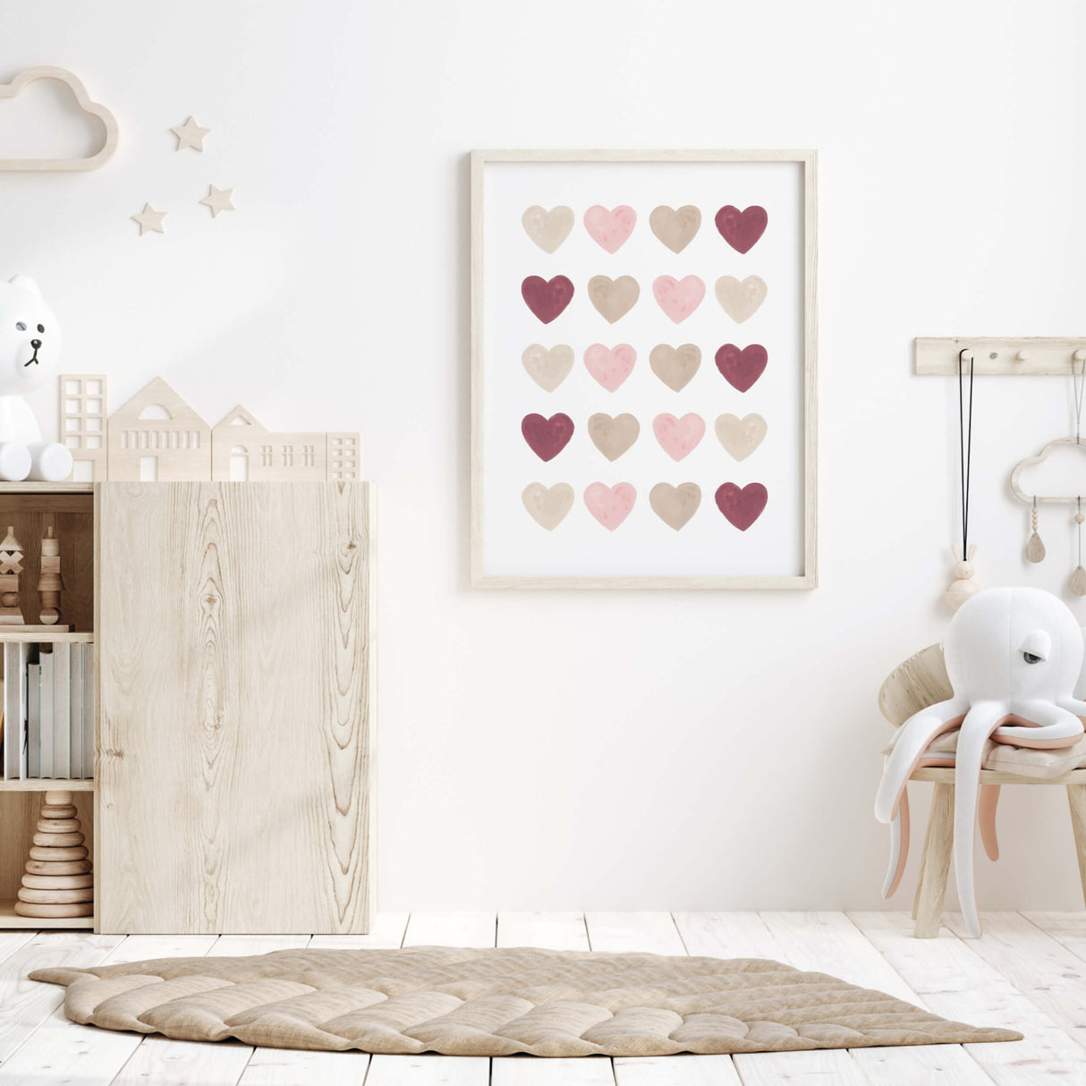 Watercolor hearts printable with pink and burgundy heart for valentine's day decor, girls room decor. love home decor, romantic home decor, beige, brown, pink nursery decor, boho home decor.