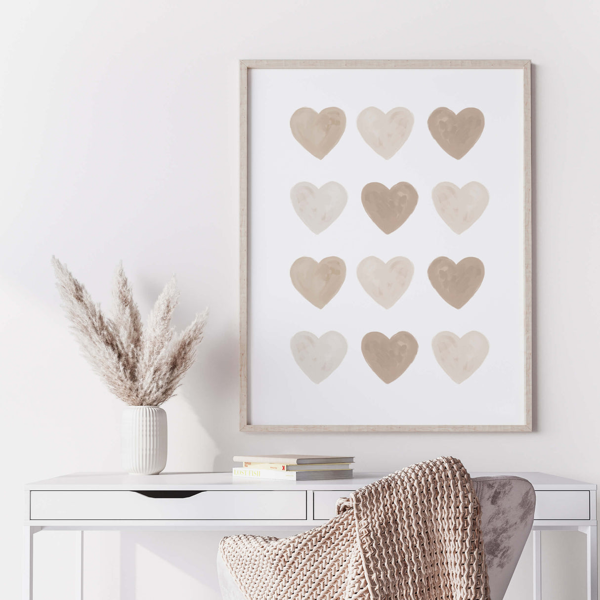 Watercolor hearts print with beige and brown heart for valentine's day decor, girls room decor, love home decor, romantic home decor, neutral nursery decor