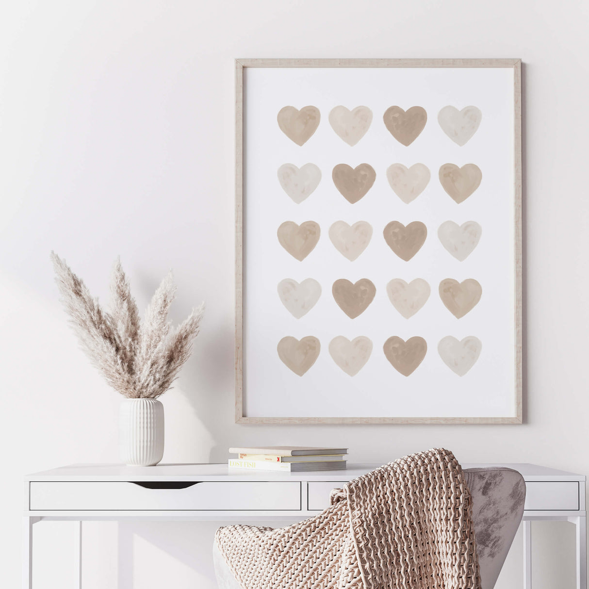 Watercolor hearts printable with beige and brown heart for valentine's day decor, girls room decor, love home decor, romantic home decor, neutral nursery decor