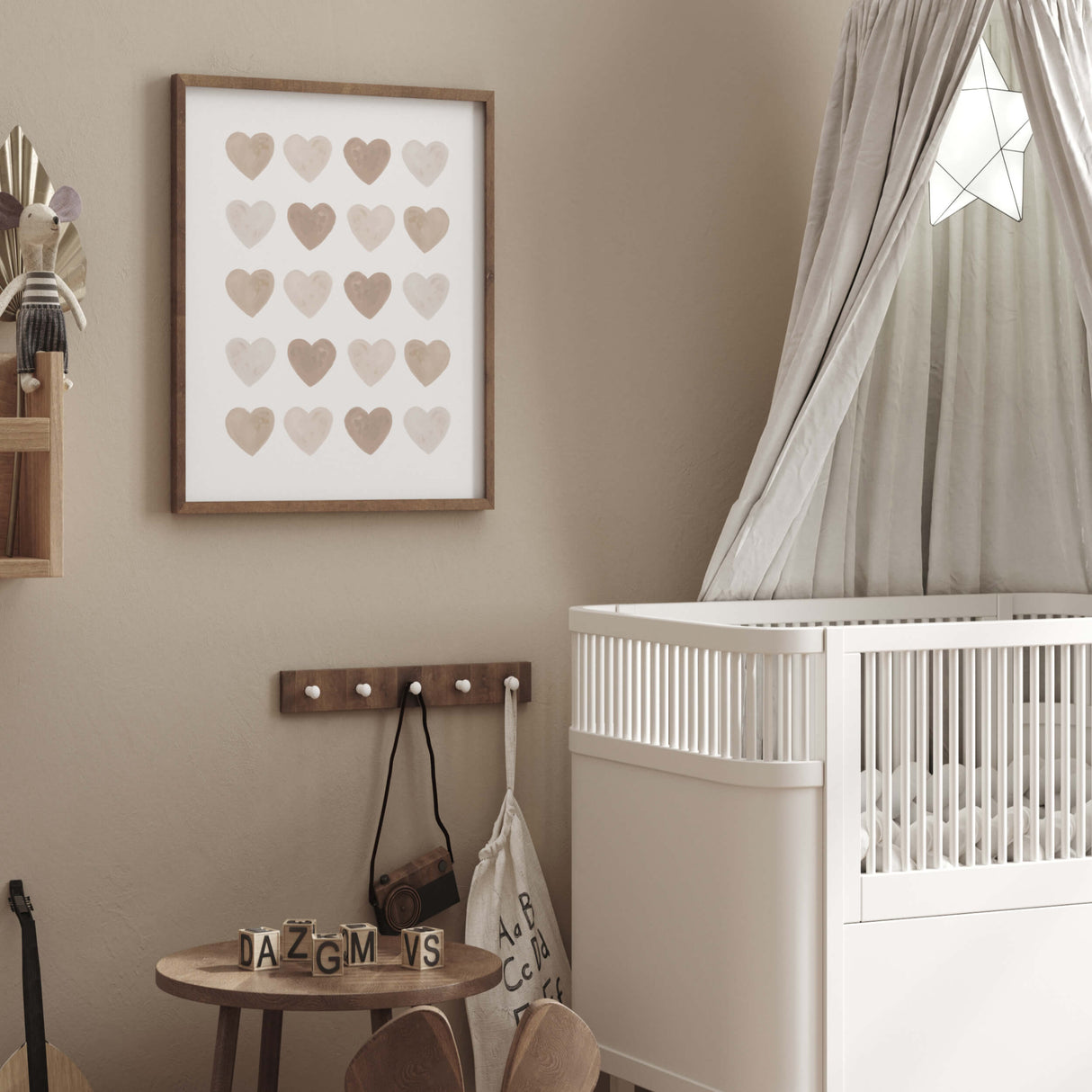 Watercolor hearts printable with beige and brown heart for valentine's day decor, girls room decor, love home decor, romantic home decor, neutral nursery decor