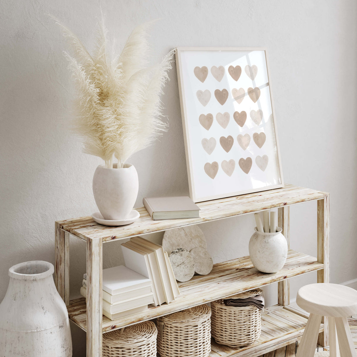 Watercolor hearts poster with beige and brown heart for valentine's day decor, girls room decor, love home decor, romantic home decor, neutral nursery decor