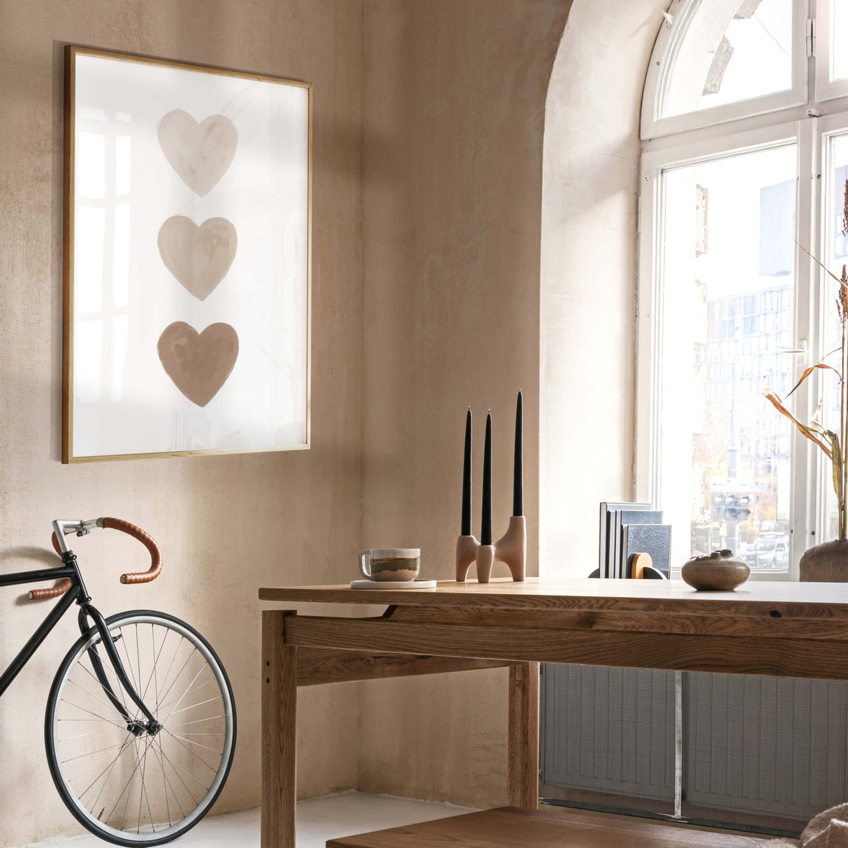 Watercolor beige hearts poster with beige and brown heart for valentine's day decor, girls room decor, love home decor, romantic home decor, neutral nursery decor, boho home decor.