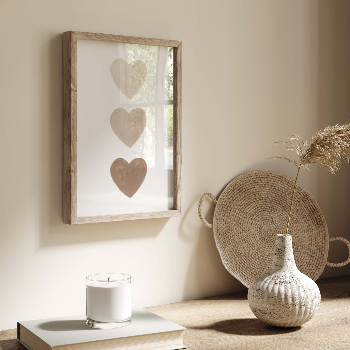 Watercolor beige hearts print with beige and brown heart for valentine's day decor, girls room decor, love home decor, romantic home decor, neutral nursery decor, boho home decor.