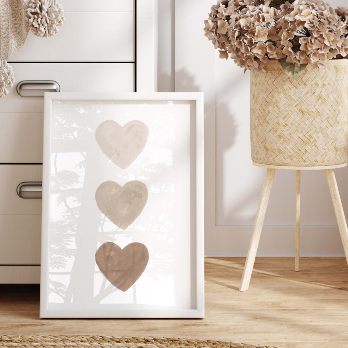 Watercolor hearts printable with beige and brown heart for valentine's day decor, girls room decor, love home decor, romantic home decor, neutral nursery decor