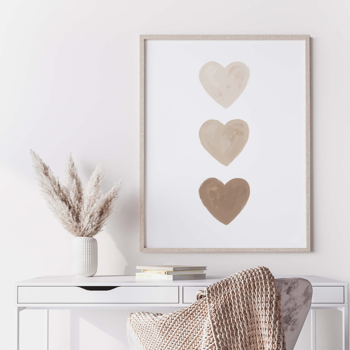 Watercolor beige hearts printable with beige and brown heart for valentine's day decor, girls room decor, love home decor, romantic home decor, neutral nursery decor, boho home decor.