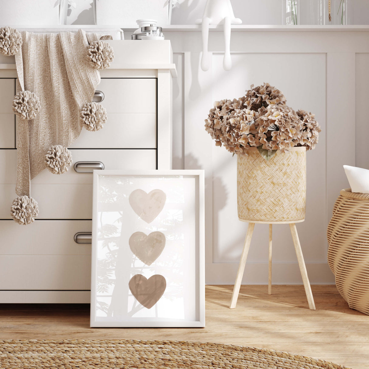 Watercolor hearts print with beige and brown heart for valentine's day decor, girls room decor, love home decor, romantic home decor, neutral nursery decor