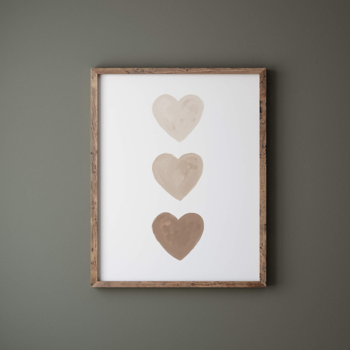 Watercolor beige hearts print with beige and brown heart for valentine's day decor, girls room decor, love home decor, romantic home decor, neutral nursery decor, boho home decor.
