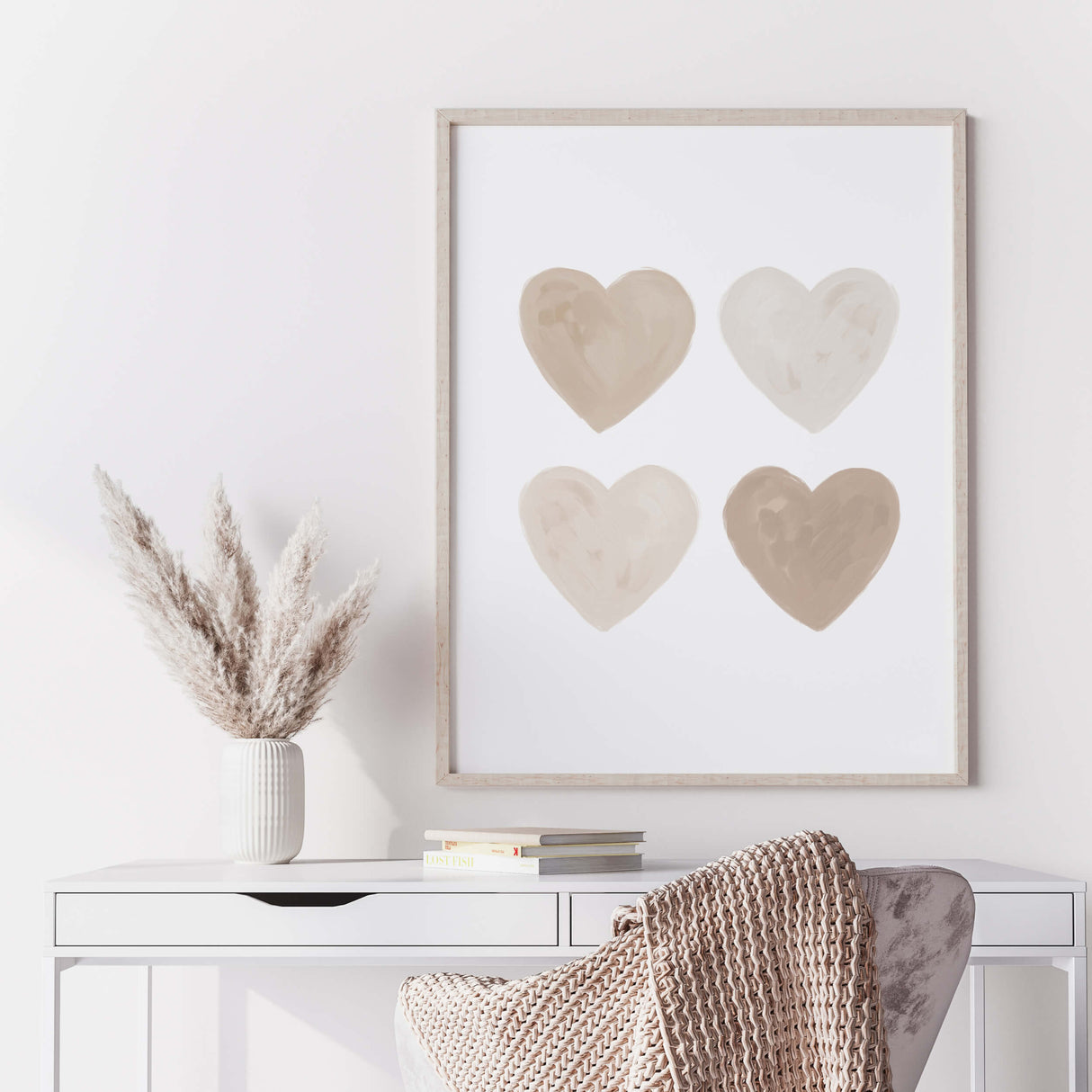 Watercolor hearts poster with beige and brown heart for valentine's day decor, girls room decor, love home decor, romantic home decor, neutral nursery decor