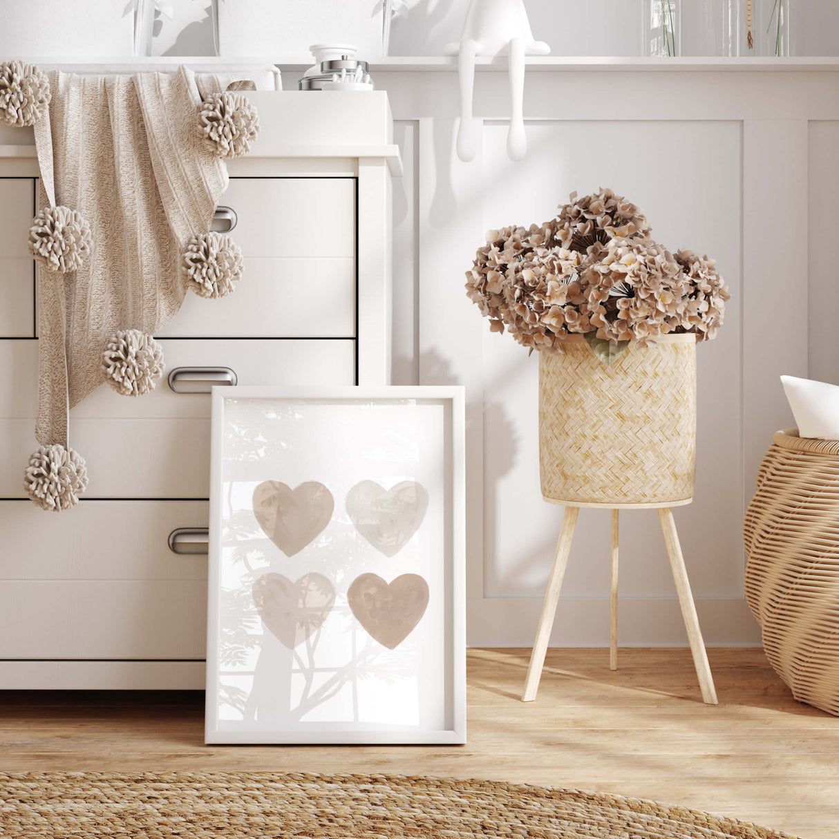 Watercolor hearts poster with beige and brown heart for valentine's day decor, girls room decor, love home decor, romantic home decor, neutral nursery decor