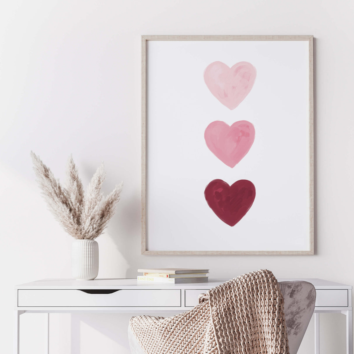 Watercolor hearts print with pink and burgundy heart for valentine's day decor, girls room decor. love home decor, romantic home decor, beige, brown, pink nursery decor, boho home decor.