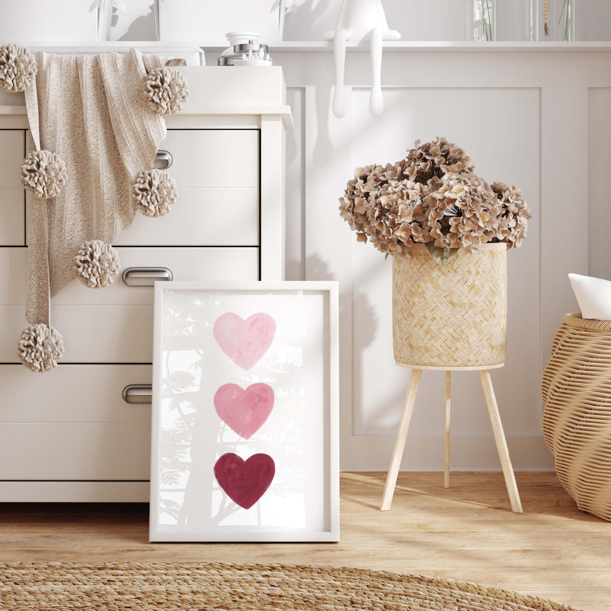 Watercolor hearts poster with pink and burgundy heart for valentine's day decor, girls room decor. love home decor, romantic home decor, beige, brown, pink nursery decor, boho home decor.