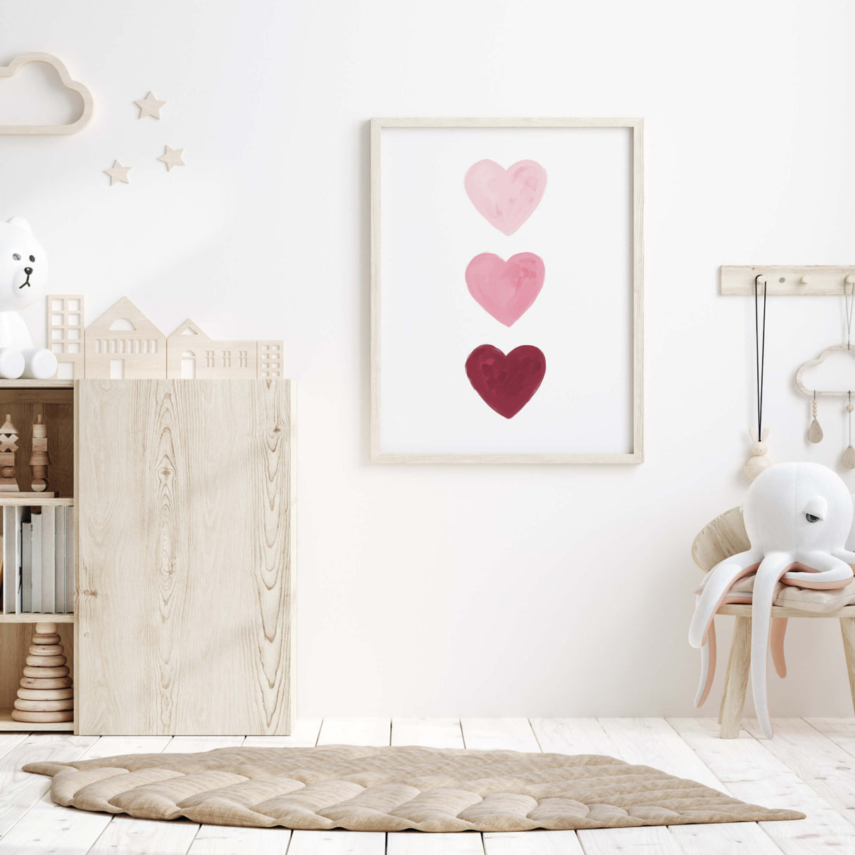 Watercolor hearts printable with pink and burgundy heart for valentine's day decor, girls room decor. love home decor, romantic home decor, beige, brown, pink nursery decor, boho home decor.