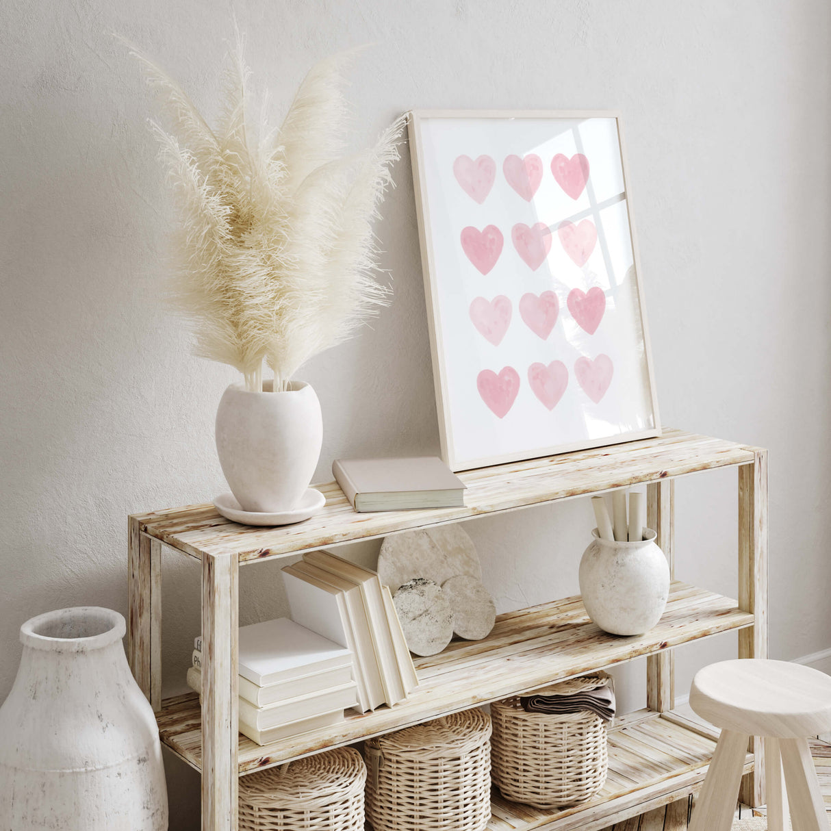 Watercolor pink hearts print for valentine's day decor, girls room decor. love home decor, romantic home decor, beige, brown, pink nursery decor, boho home decor.