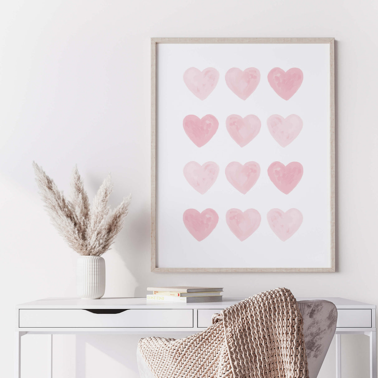 Watercolor pink hearts printable for valentine's day decor, girls room decor. love home decor, romantic home decor, beige, brown, pink nursery decor, boho home decor.