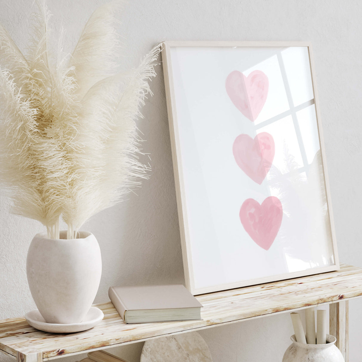 Watercolor pink hearts printable for valentine's day decor, girls room decor. love home decor, romantic home decor, beige, brown, pink nursery decor, boho home decor.