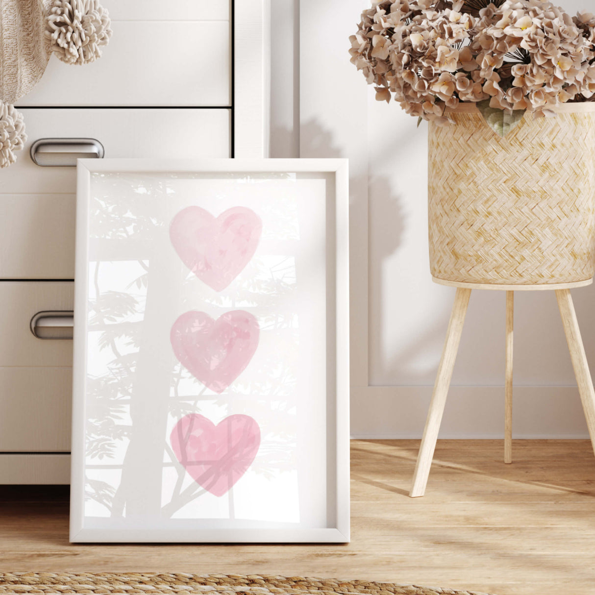 Watercolor pink hearts print for valentine's day decor, girls room decor. love home decor, romantic home decor, beige, brown, pink nursery decor, boho home decor.