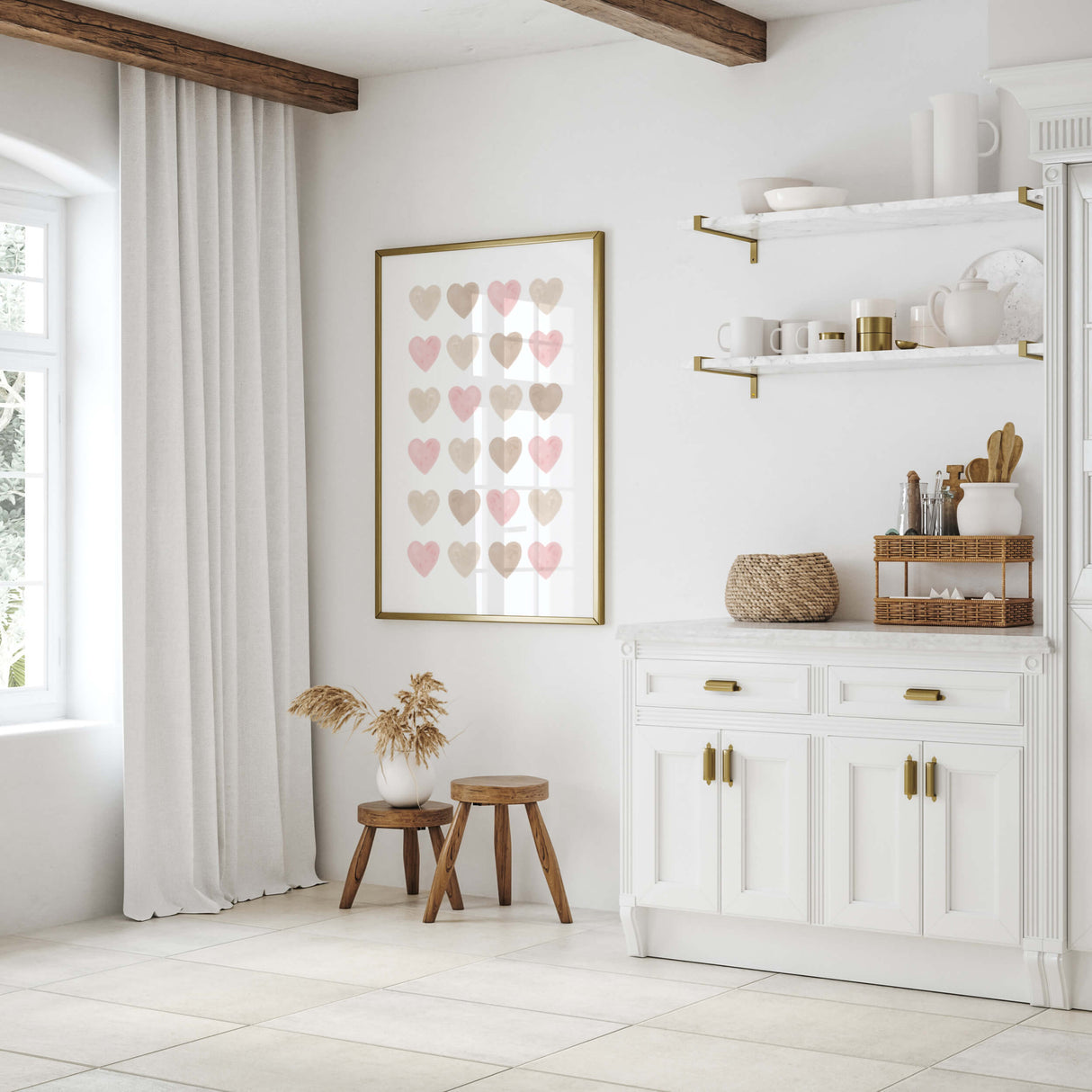 Watercolor pink hearts printable with beige, brown and pink heart for valentine's day decor, girls room decor. love home decor, romantic home decor, beige, brown, pink nursery decor, boho home decor.