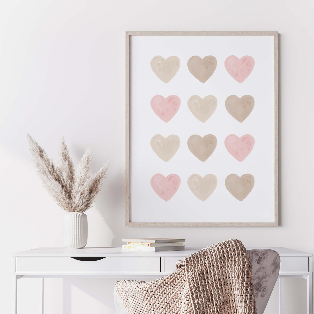 Watercolor hearts poster with beige, brown and pink heart for valentine's day decor, girls room decor. love home decor, romantic home decor, beige, brown, pink nursery decor, boho home decor.