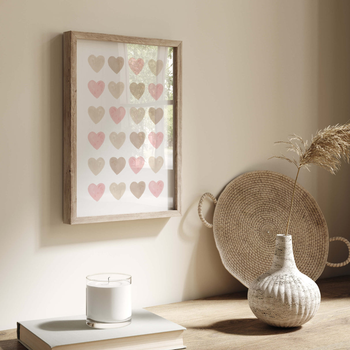 Watercolor hearts print with beige, brown and pink heart for valentine's day decor, girls room decor. love home decor, romantic home decor, beige, brown, pink nursery decor, boho home decor.