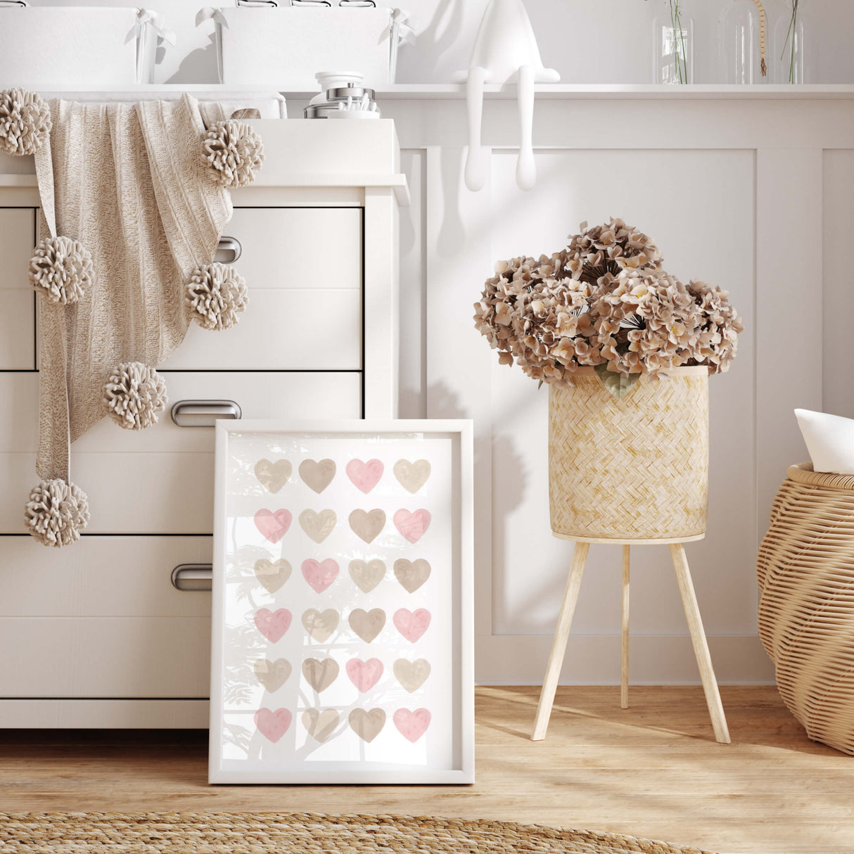 Watercolor hearts poster with beige, brown and pink heart for valentine's day decor, girls room decor. love home decor, romantic home decor, beige, brown, pink nursery decor, boho home decor.