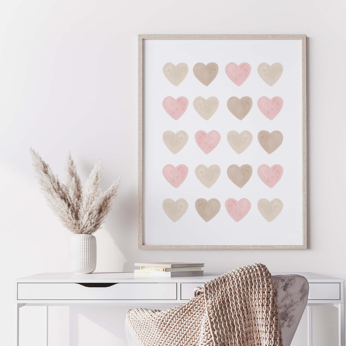 Watercolor hearts printable with beige, brown and pink heart for valentine's day decor, girls room decor. love home decor, romantic home decor, beige, brown, pink nursery decor, boho home decor.