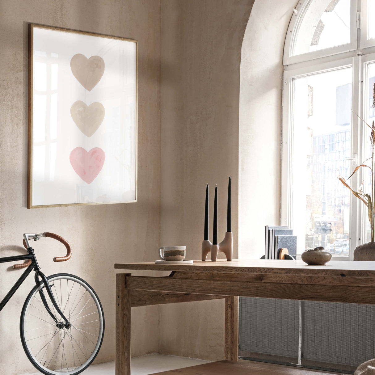 Watercolor hearts poster with beige, brown and pink heart for valentine's day decor, girls room decor. love home decor, romantic home decor, beige, brown, pink nursery decor.