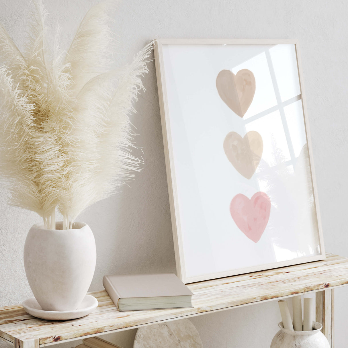 Watercolor hearts printable with beige, brown and pink heart for valentine's day decor, girls room decor. love home decor, romantic home decor, beige, brown, pink nursery decor, boho home decor.