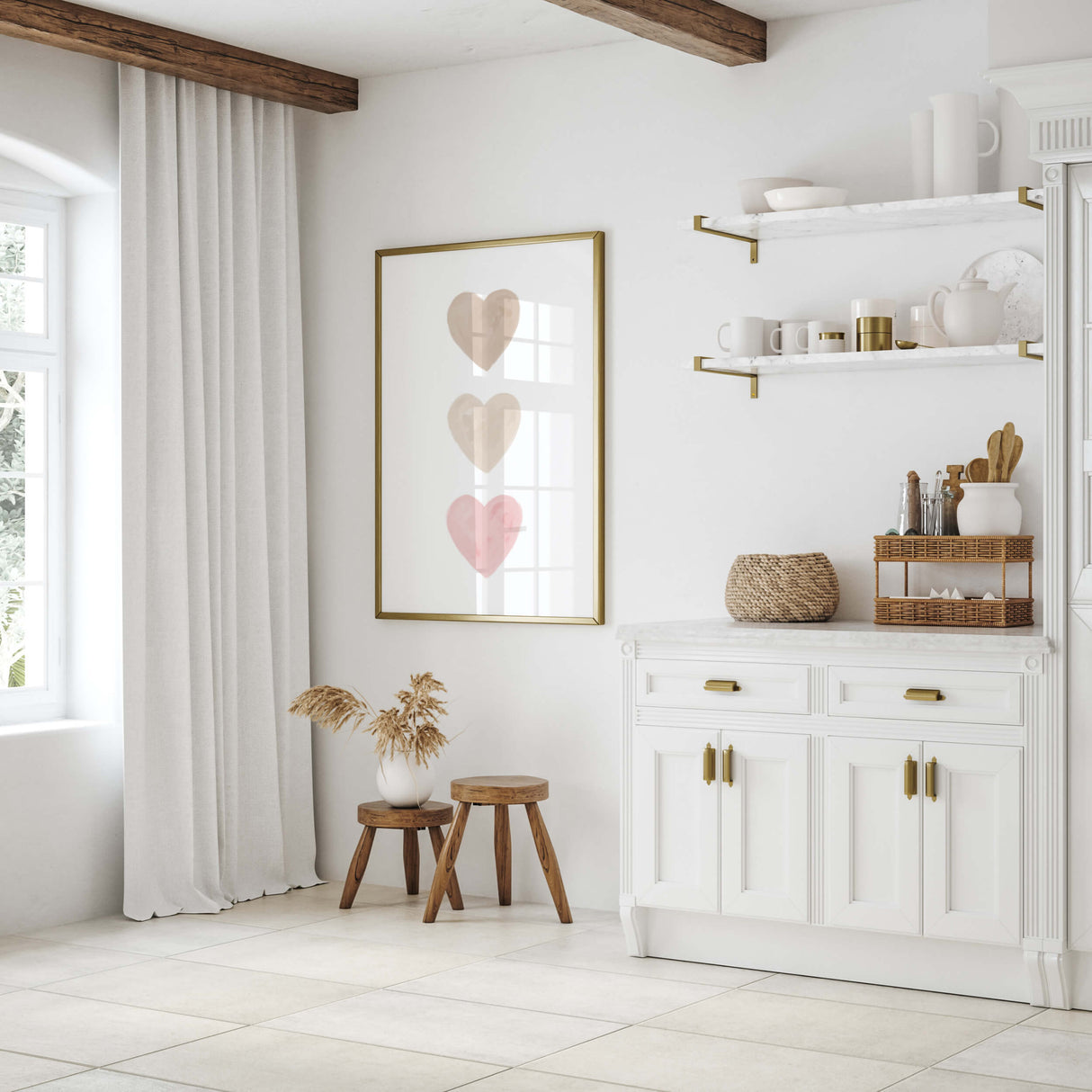 Watercolor hearts print with beige, brown and pink heart for valentine's day decor, girls room decor. love home decor, romantic home decor, beige, brown, pink nursery decor.