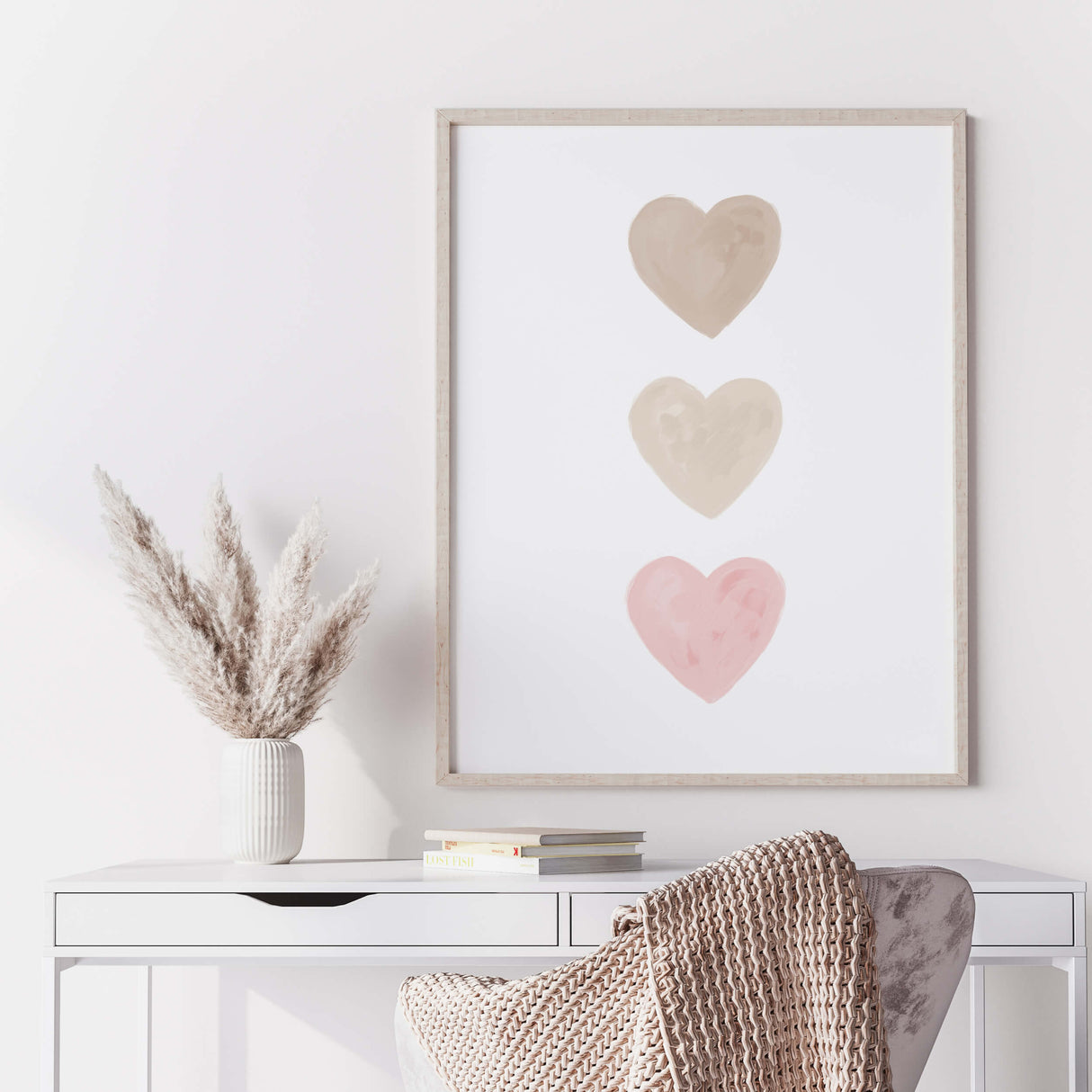 Watercolor hearts print with beige, brown and pink heart for valentine's day decor, girls room decor. love home decor, romantic home decor, beige, brown, pink nursery decor.